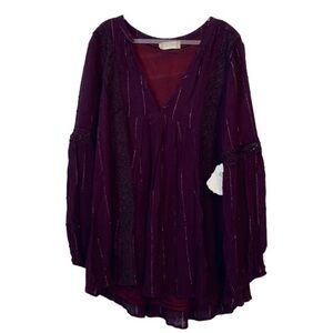 Altar'd State NWT Top, Plum Purple & Gold Long Sleeve Embroidered Blouse, Medium